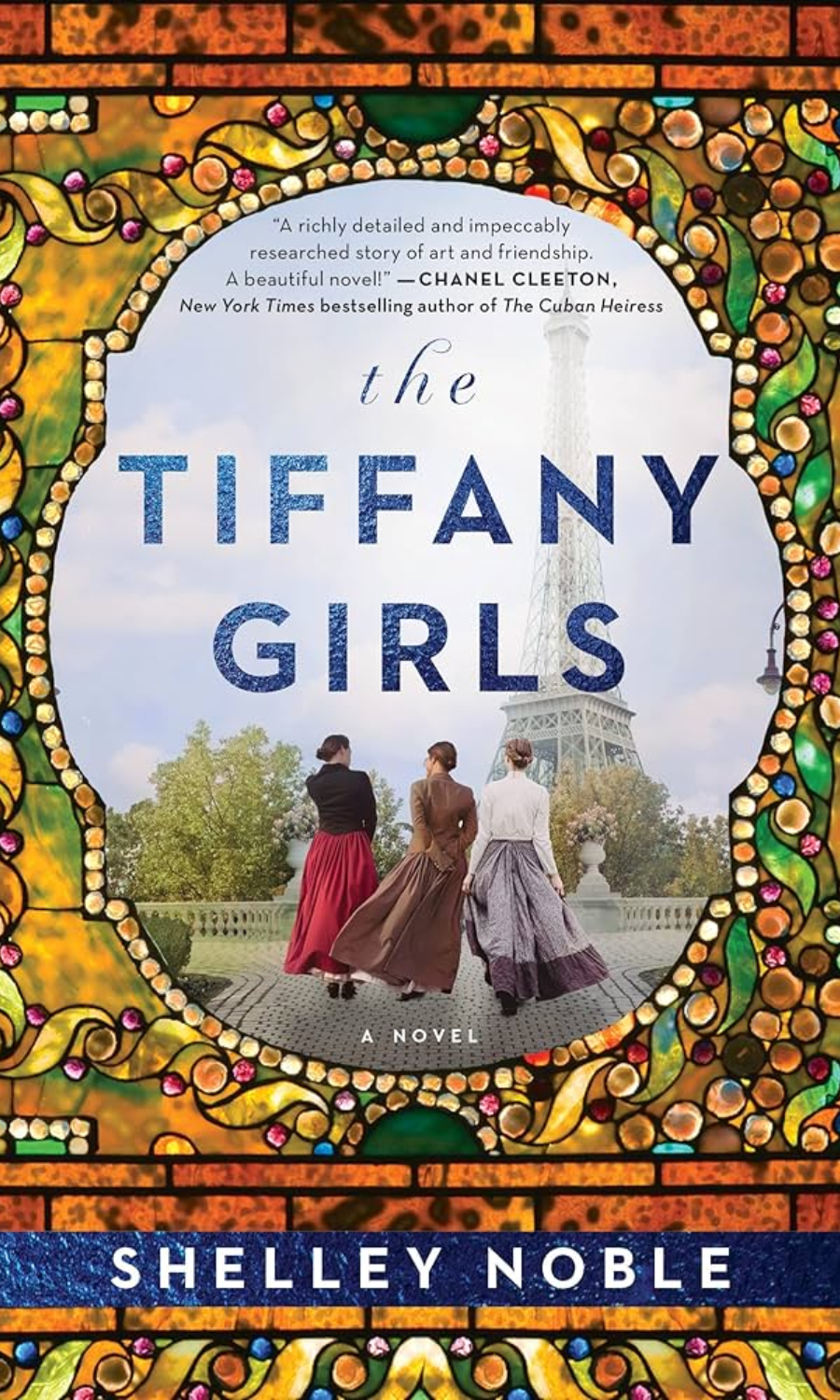 cover of The Tiffany Girls by Shelley Noble, depicting three girls walking outside, in a frame of Tiffany glass