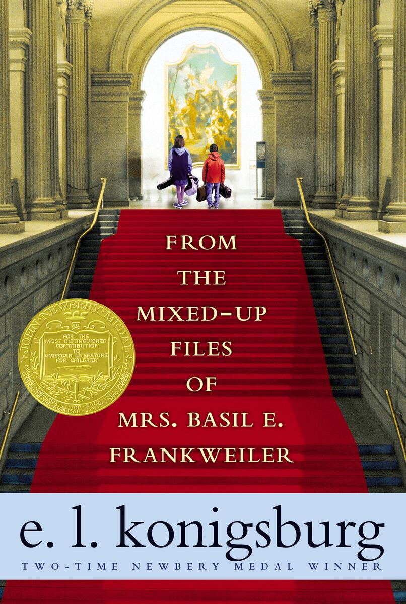Book cover for From the Mixed-Up Files of Mrs. Basil E. Frankweiler by E.L. Konigsburg, featuring a red-carpeted museum hallway.
