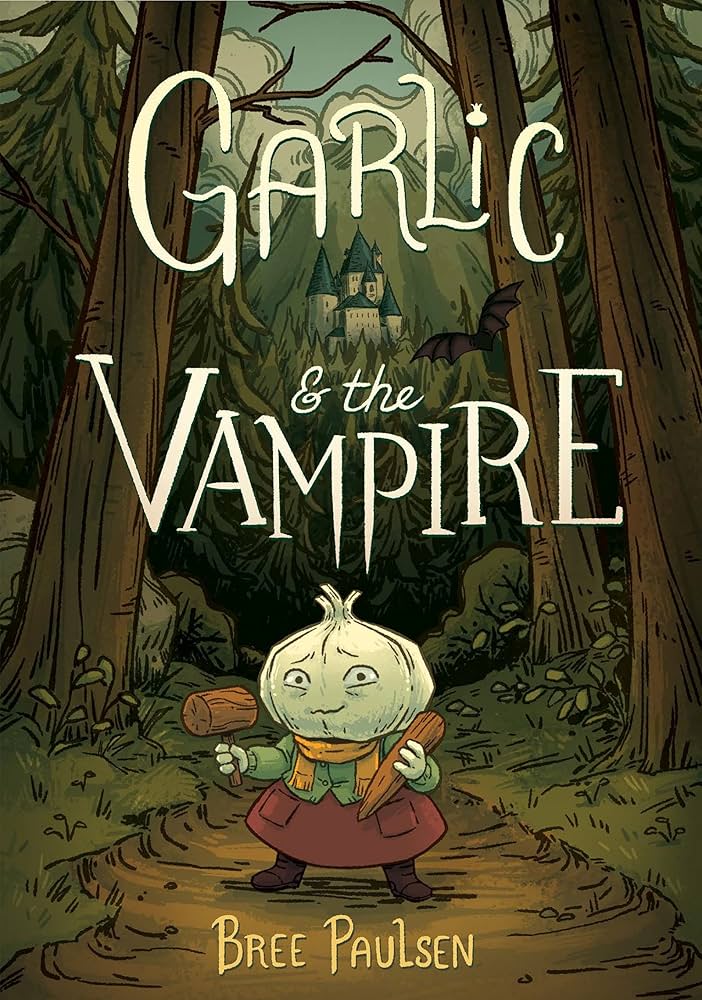 A cartoon girl with a garlic bulb for a head looks fearful in the forest while holding a wooden vampire stake and mallet.