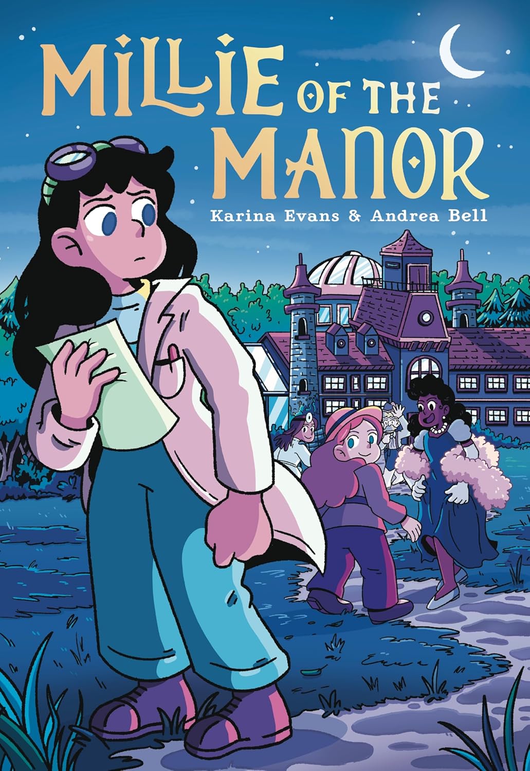 Illustrated book cover for Millie of the Manor by Karina Evans, featuring a brunette middle-schooler with blue eyes in front of a gothic style mansion.