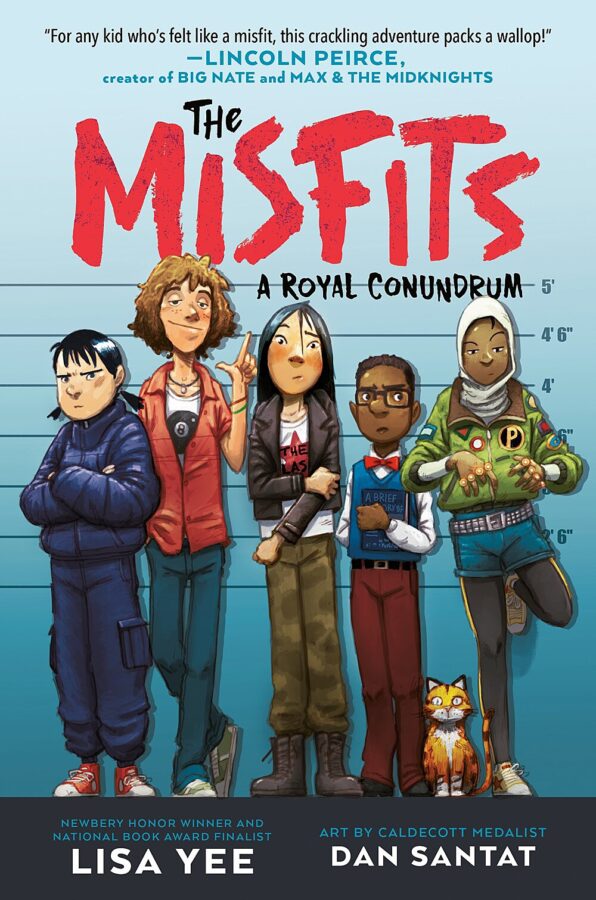 Illustrated book cover for The Royal Conundum by Lisa Yee, featuring a group of surly-looking misfit kids posing for a mug shot.