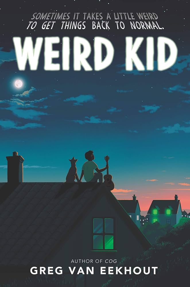 A book cover showing a boy and his dog sitting on the roof of their house at twilight; the boy holds a guitar in his hand.