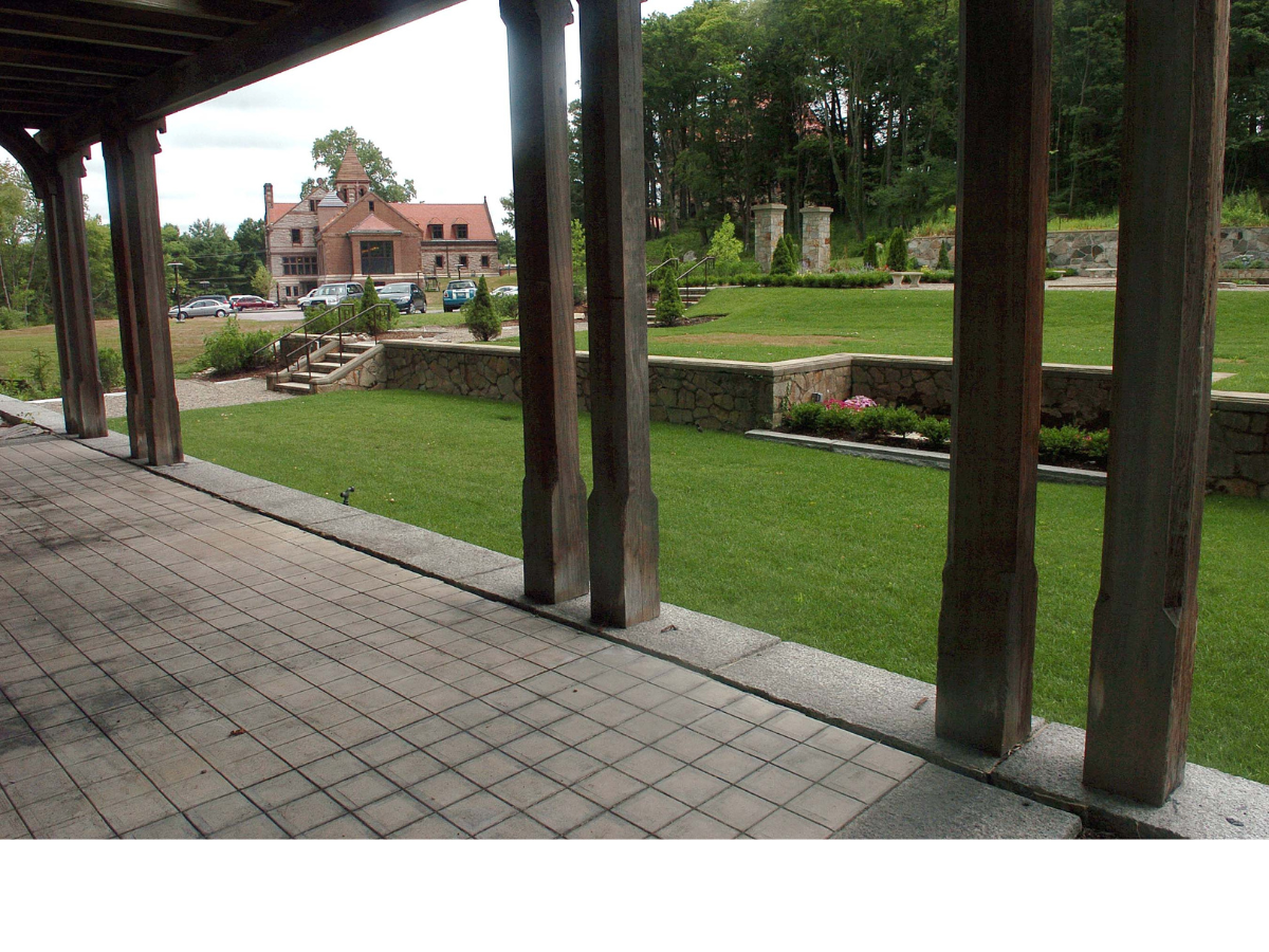 view of Ames Free Library and Queset Garden from garden stage