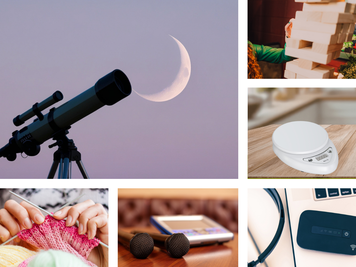 photo grid showing: telescope, knitting, karaoke machine, wifi hotspot, kitchen scale, Jenga blocks