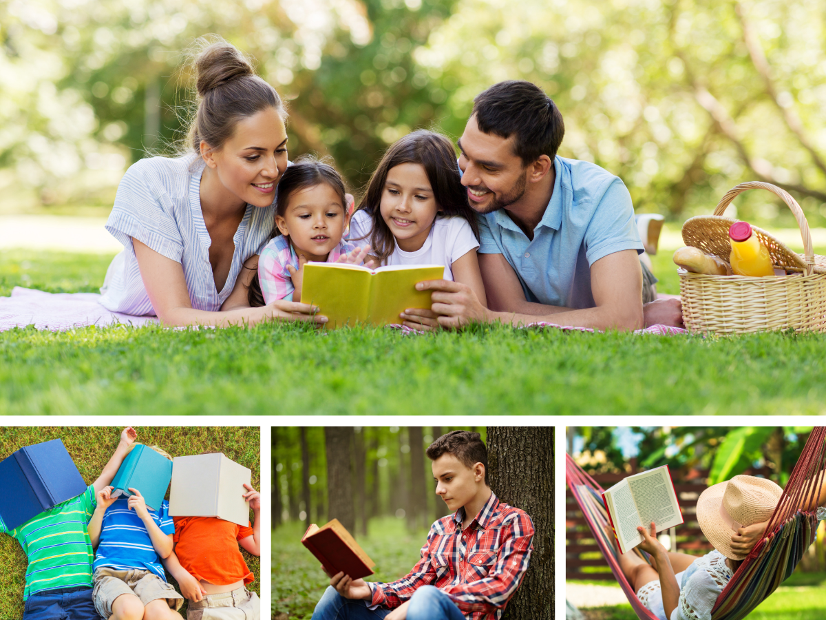 a grid of 4 images showing people of all ages reading outdoors