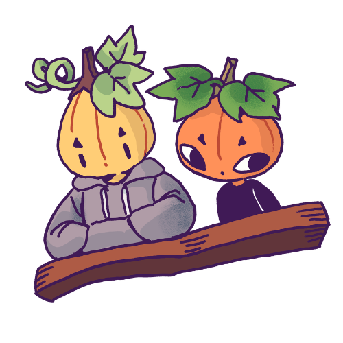 Two figures in hoodies with gourds for heads sit on a brown log.