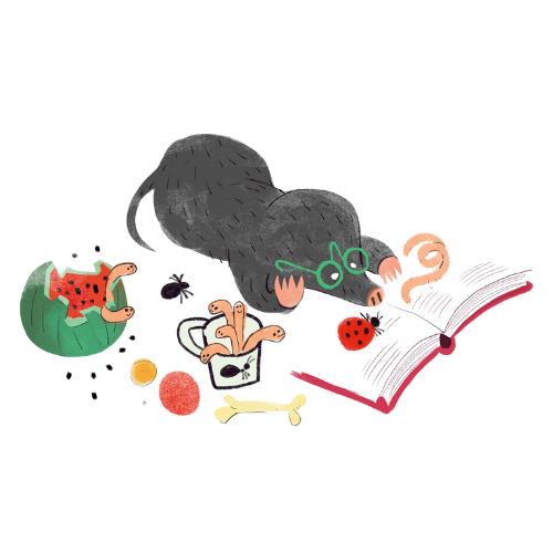 A mole wearing green glasses reads a red book while eating a watermelon. Several worms join it while a ladybug crawls on the open book.