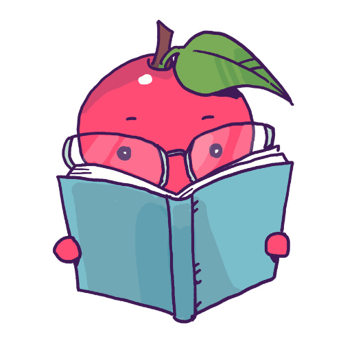 An apple wearing glasses reads a large blue book