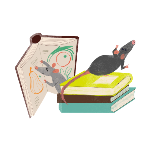 One rat looks at a book with pictures of fruits and vegetables in it. Another rat sits atop a pile of green, brown, and teal books.