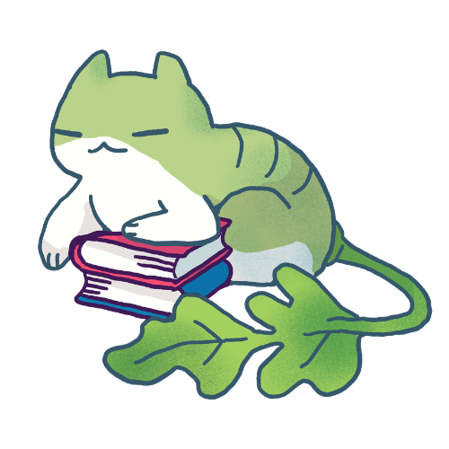 A green cat with a plant leaf for a tail lays down with its eyes closed and front pay on a stack of two books.