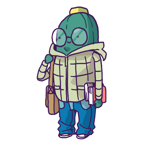 A cucumber wearing glasses, jeans, and a green shirt stands while holding a brown messenger bag and several books.