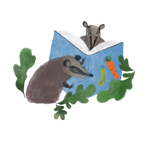 Two badgers surrounded by several carrots read a blue book.