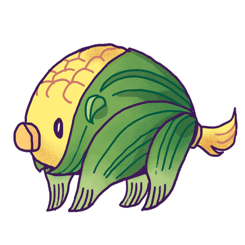 A creature that looks like a cross between a pig and an ear of corn.