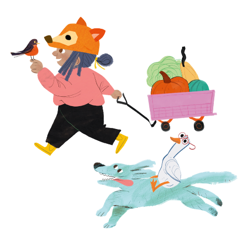 A child wearing a fox hat pulls a pink wagon full of vegetables while a goose wearing glasses rides a blue dog runs beside them.