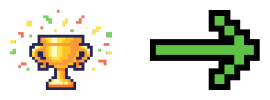8-bit trophy and confetti with 8-bit green arrow