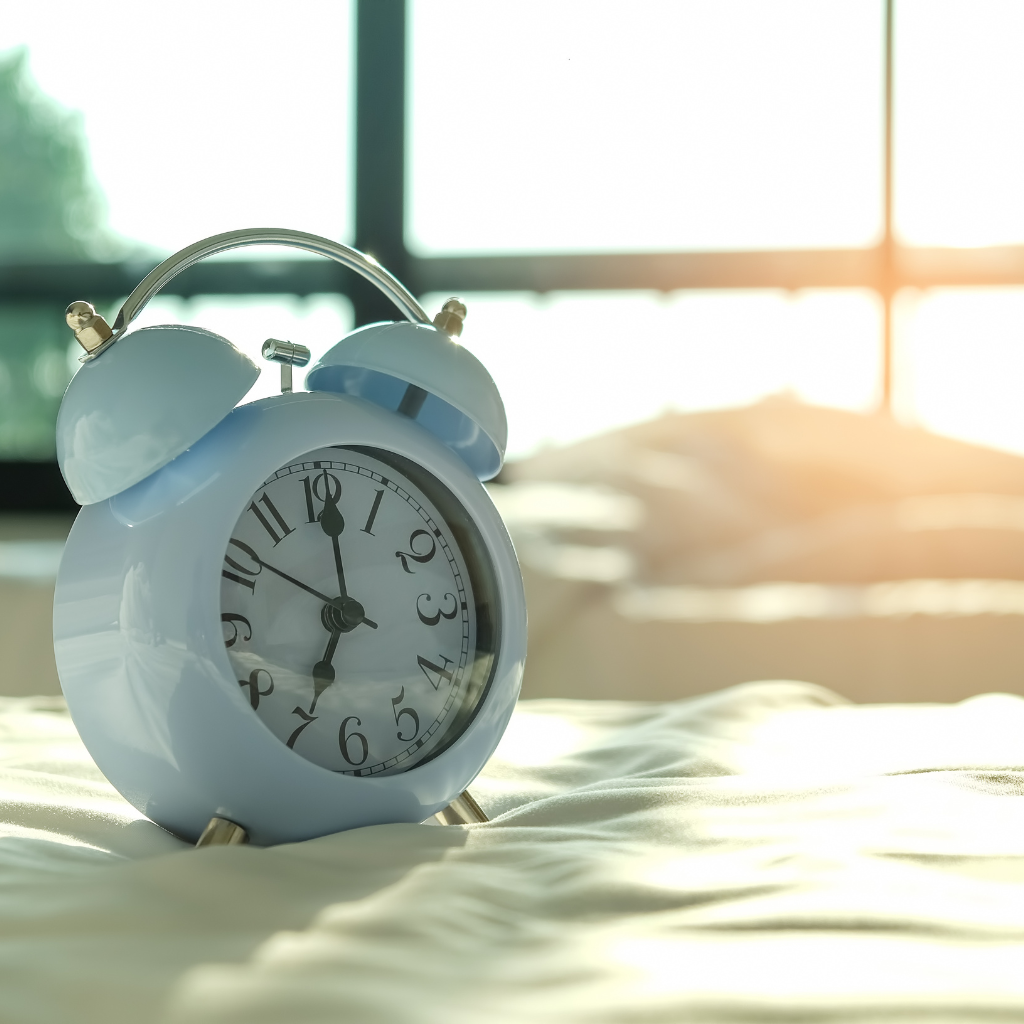An alarm clock sitting on a bed in front of a sunny window