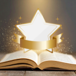 an open book with golden light glowing from it's pages and a gold and white star floating above it