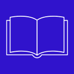 a deep blue background with the white outline of an open book