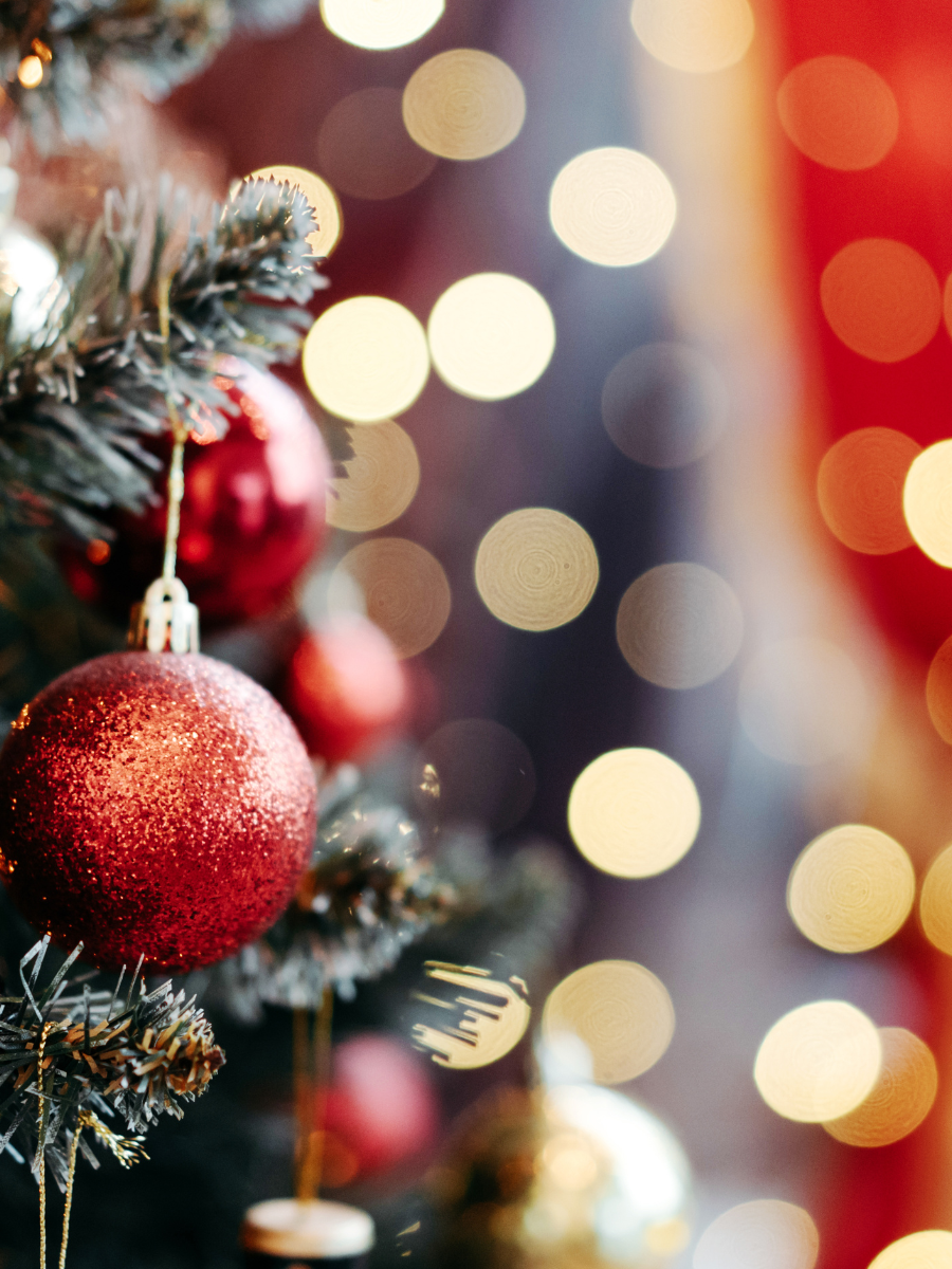 close-up of Christmas tree bough with red baubles, with blurred holiday lights in background