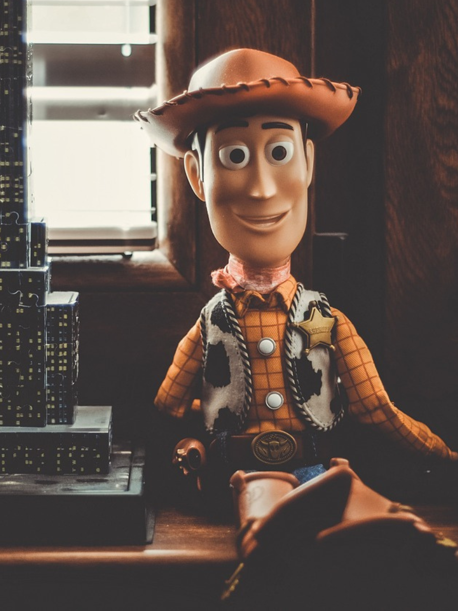 Woody from Toy Story is hanging out contentedly on a window ledge.