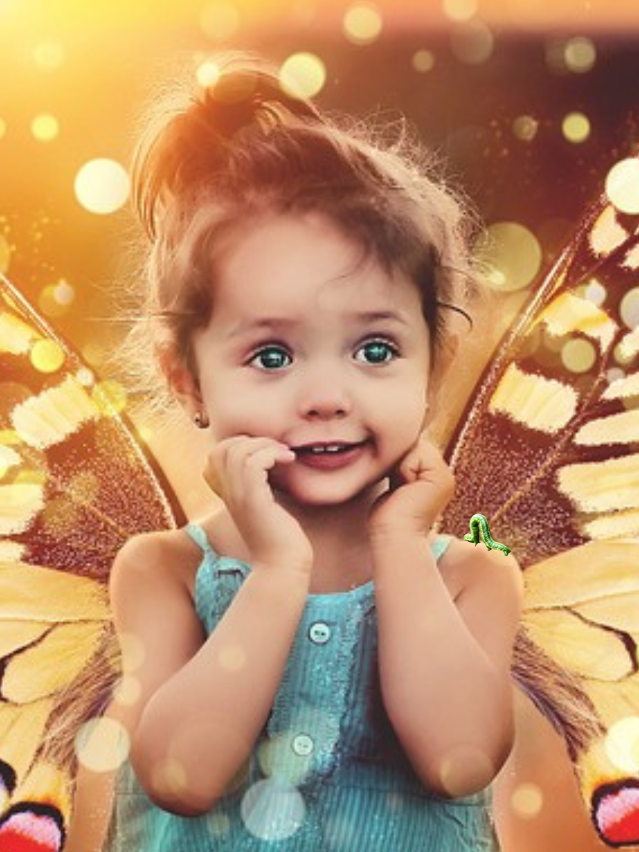 Awestruck toddler, eyes filled with wonder, with wings and an inchworm on her shoulder.