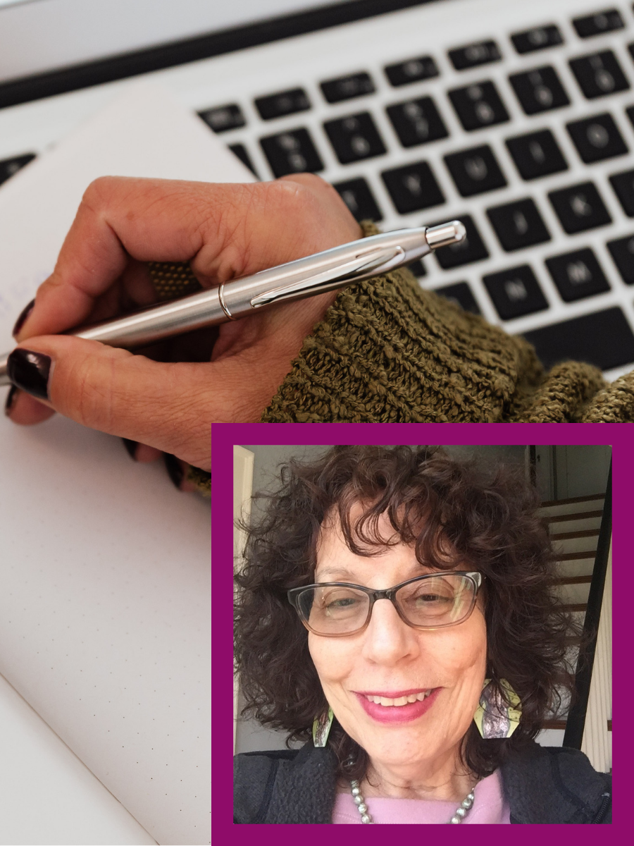 hands writing in journal with laptop in background; inset of facilitator Bev Post