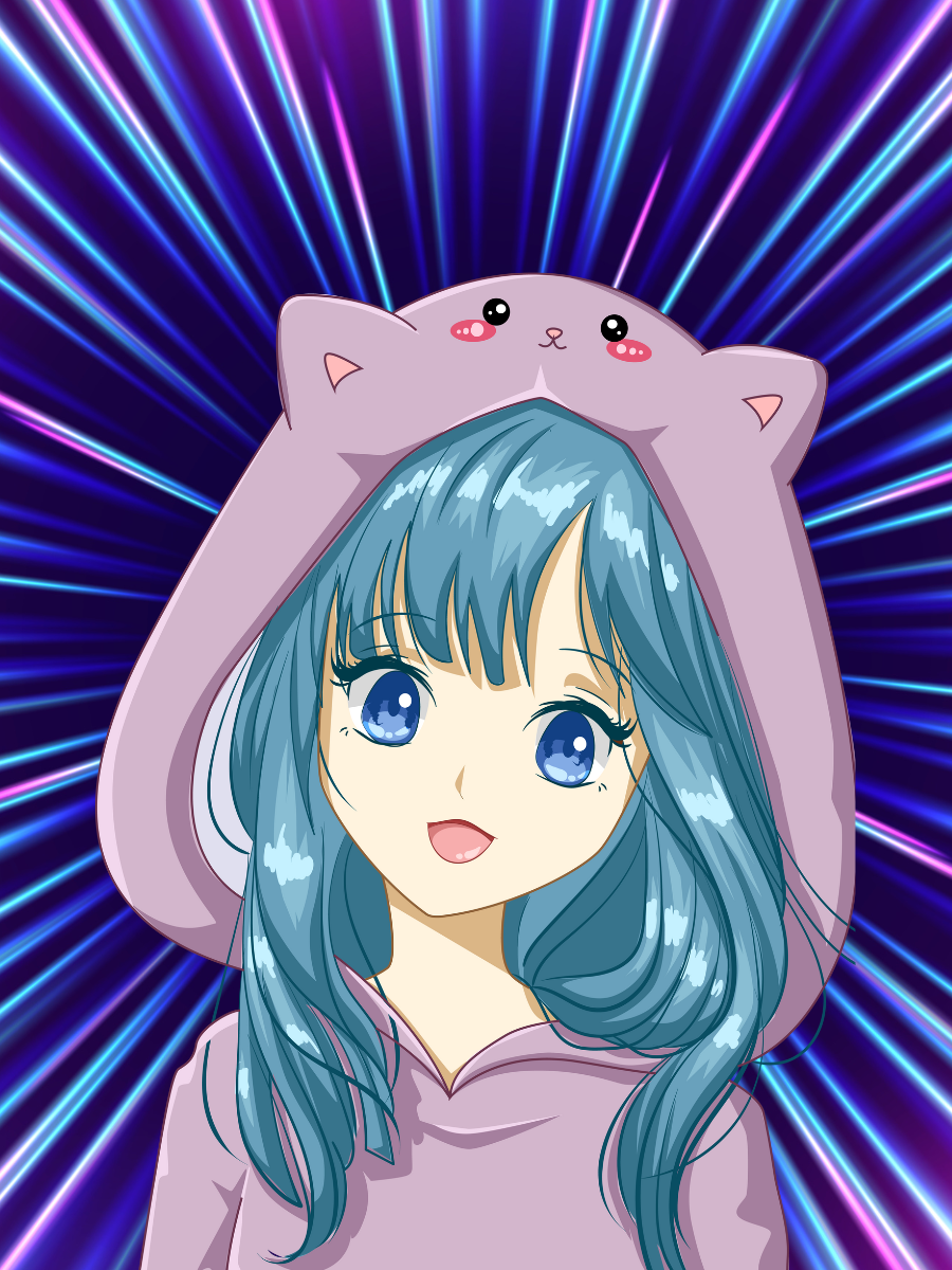 An anime-style drawing of a girl with long blue hair,  wearing a purple hood, in front of a blue and purple background.