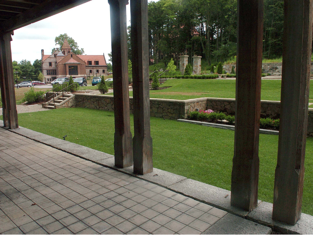 view of Ames Free Library and Queset Garden from garden stage