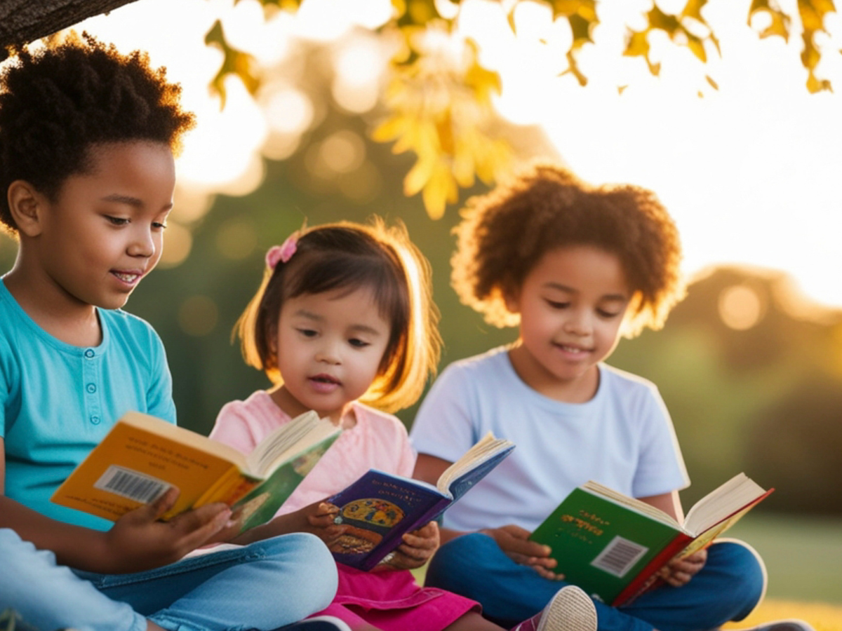 Three small children reading picture books outside.