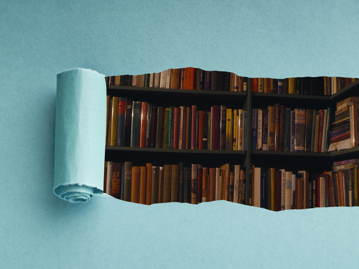 paper peeled back to reveal bookshelf