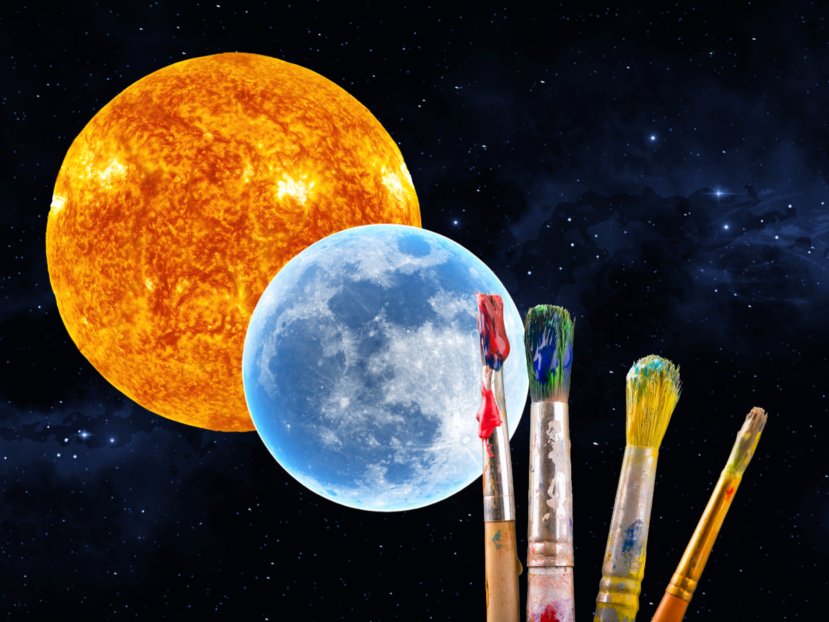sun and moon in space with paintbrushes