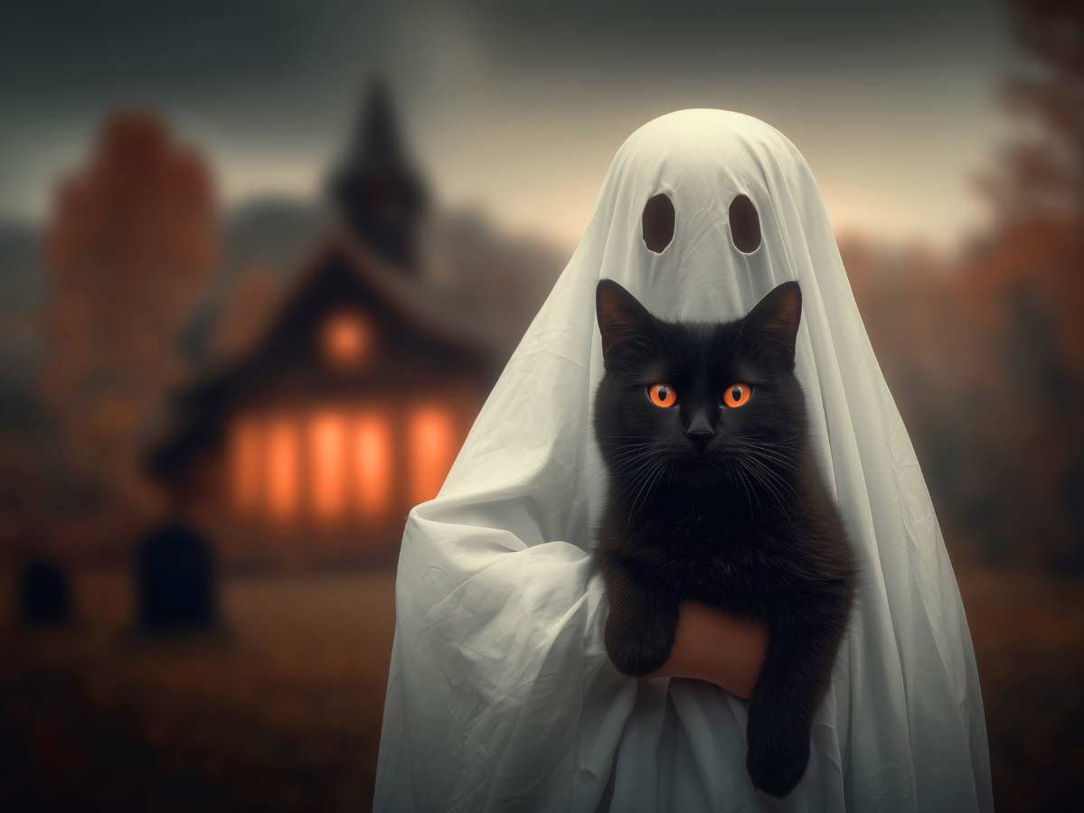 Ghost holding a cat in front of a spooky house