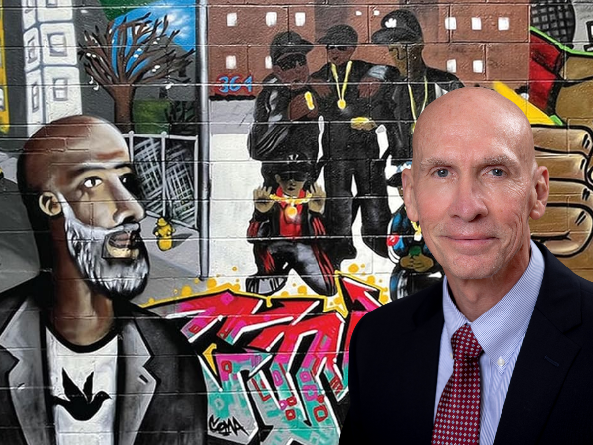 Photo of author Paul Joyce superimposed over a street art mural