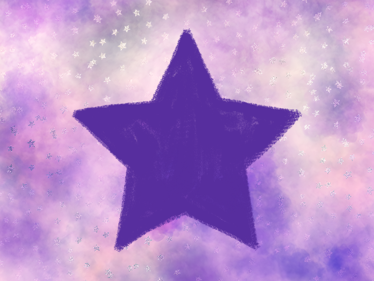 A large purple star in front of a cloudy and glittery purple background.