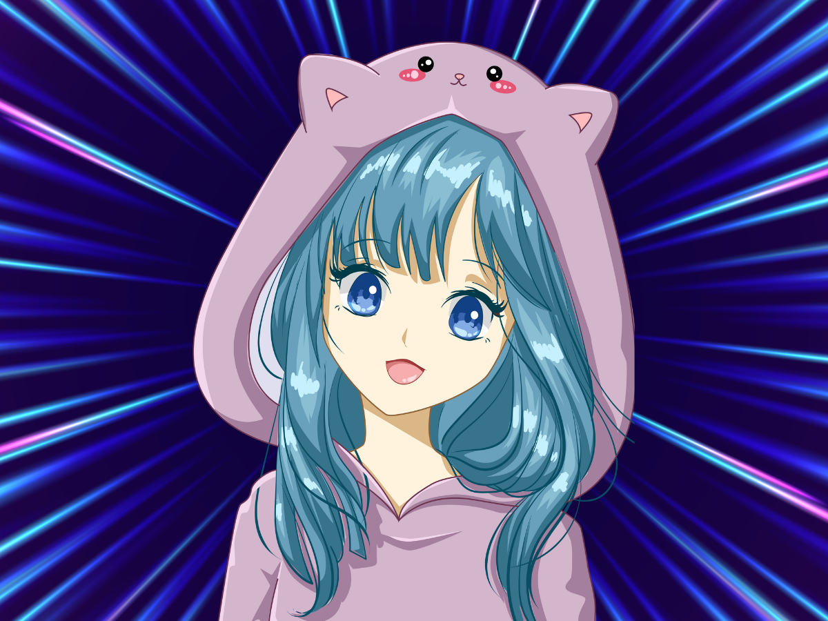 Anime-style drawing of a girl with  long blue hair, wearing a purple hoodie, in front of a blue and purple background.