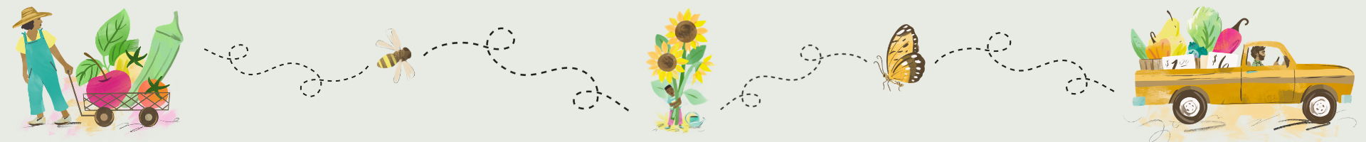 A series of water color illustrations depicting summer bounty and nature. From left to right: a woman pulling a wagon full of fruits and vegetables, a bumblebee, a person hugging the stalks of sunflowers, a butterfly, an old-fashioned pickup truck with a bed full of fruits and vegetables.