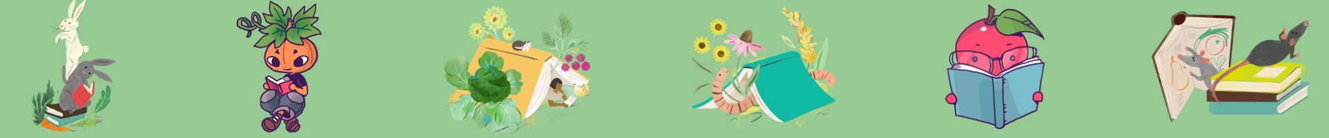 a collection of colorful illustrations of animals and personified fruits and vegetables reading