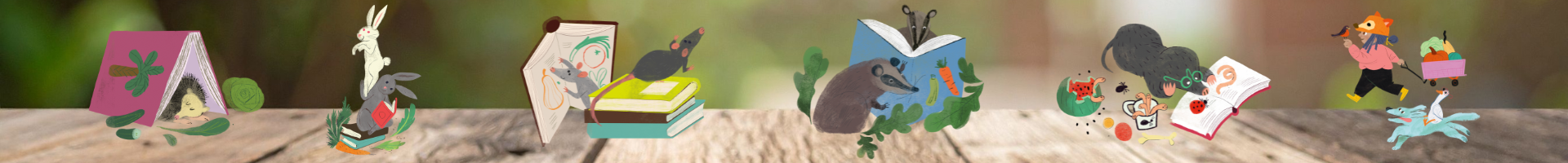 Illustrations of an assortment of small animals frequently found in gardens (including rabbits, foxes, opossums, mice, moles, and badgers) all reading books.